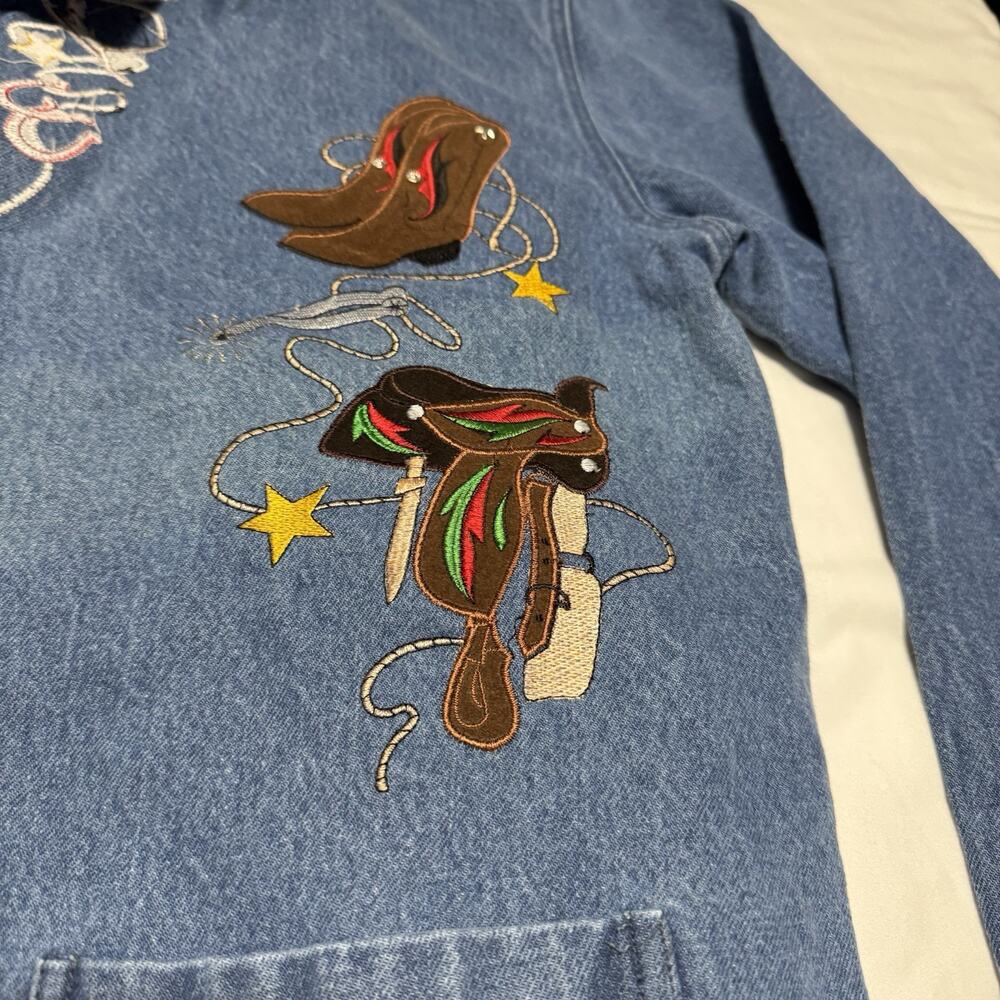 The Blue Western Cowboy Denim Jacket Embroidered Boots Hats Stars Size M - Picture 7 of 10